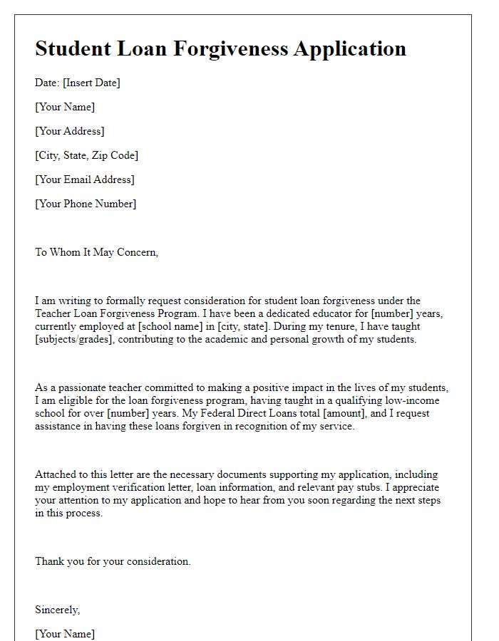 Letter template of student loan forgiveness application for teachers