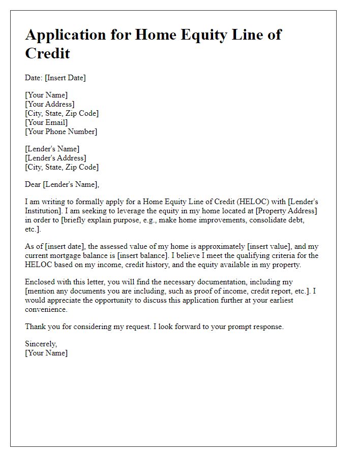 Letter template of application for home equity line of credit