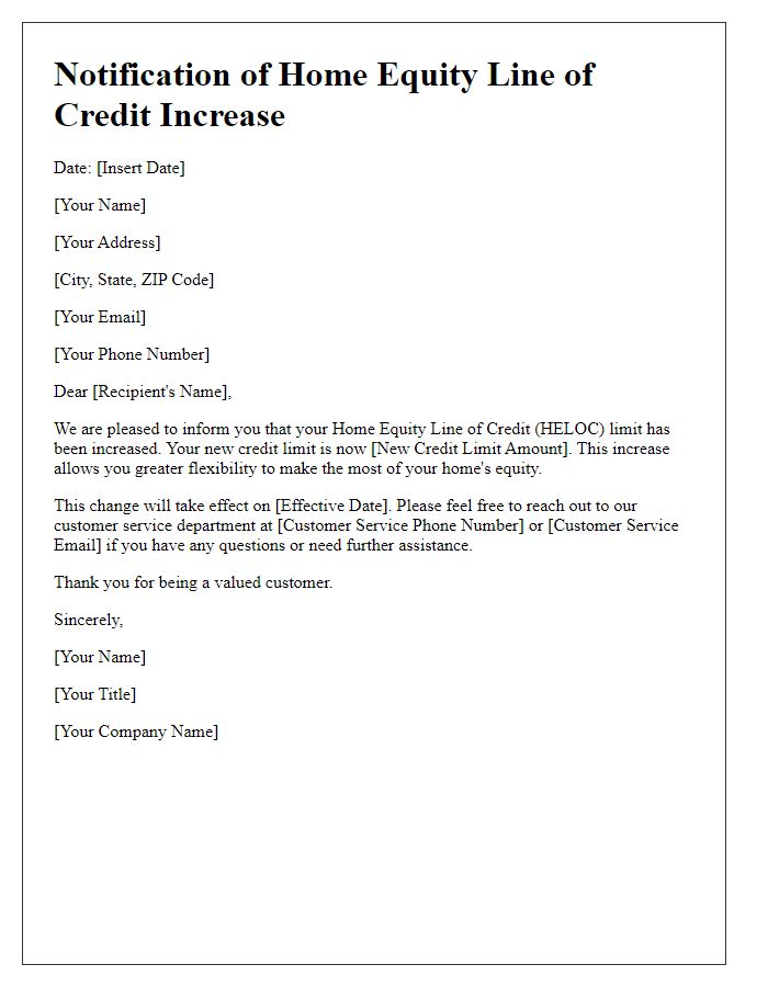 Letter template of notification for home equity line of credit increase