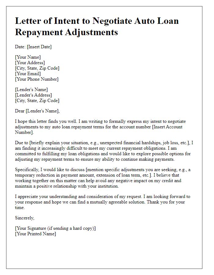 Letter template of intent to negotiate auto loan repayment adjustments