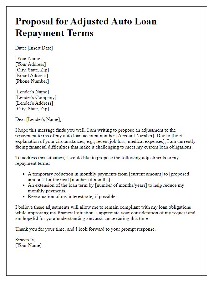 Letter template of proposal for adjusted auto loan repayment terms