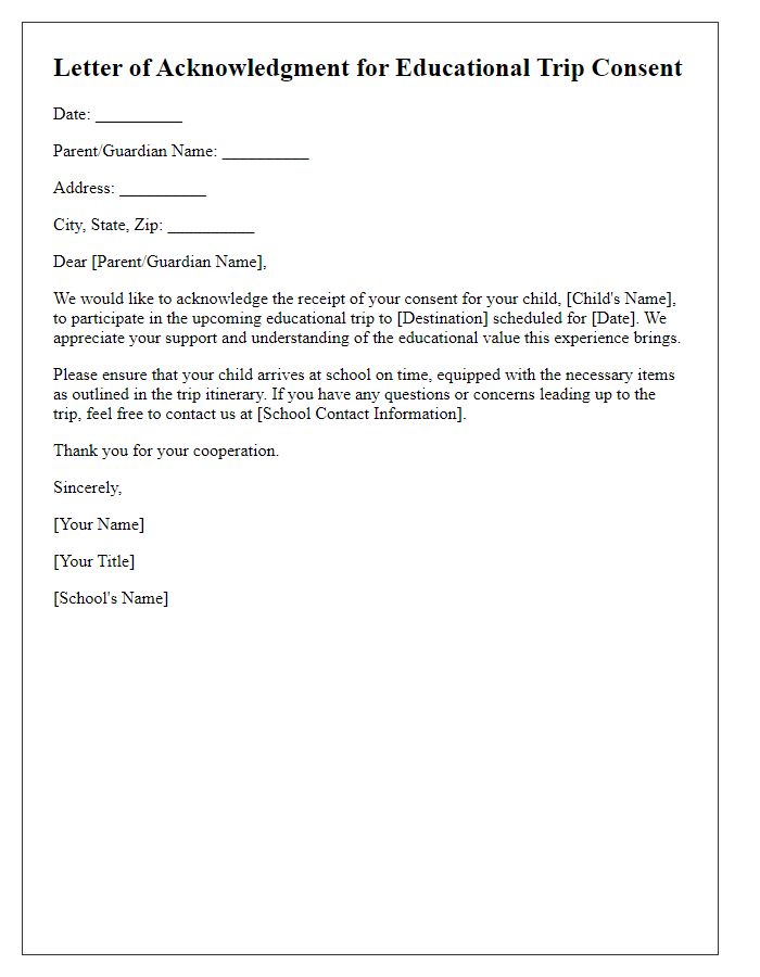 Letter template of acknowledgment for educational trip consent