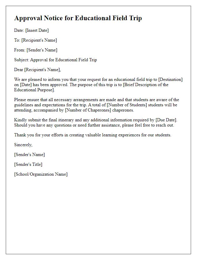 Letter template of educational field trip approval notice