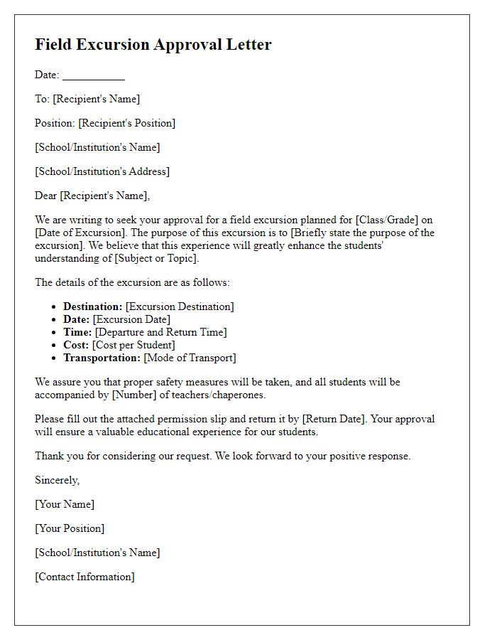 Letter template of field excursion approval for students