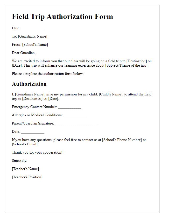 Letter template of field trip authorization form for guardians