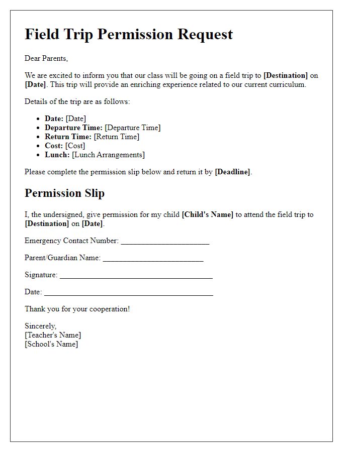 Letter template of field trip permission request for parents