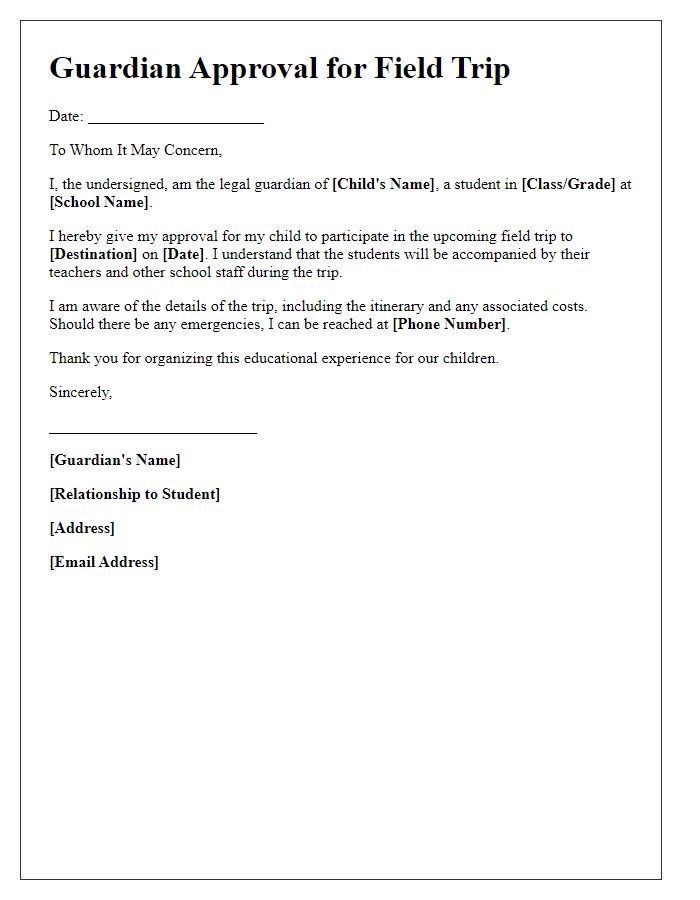 Letter template of guardian approval for class field trip