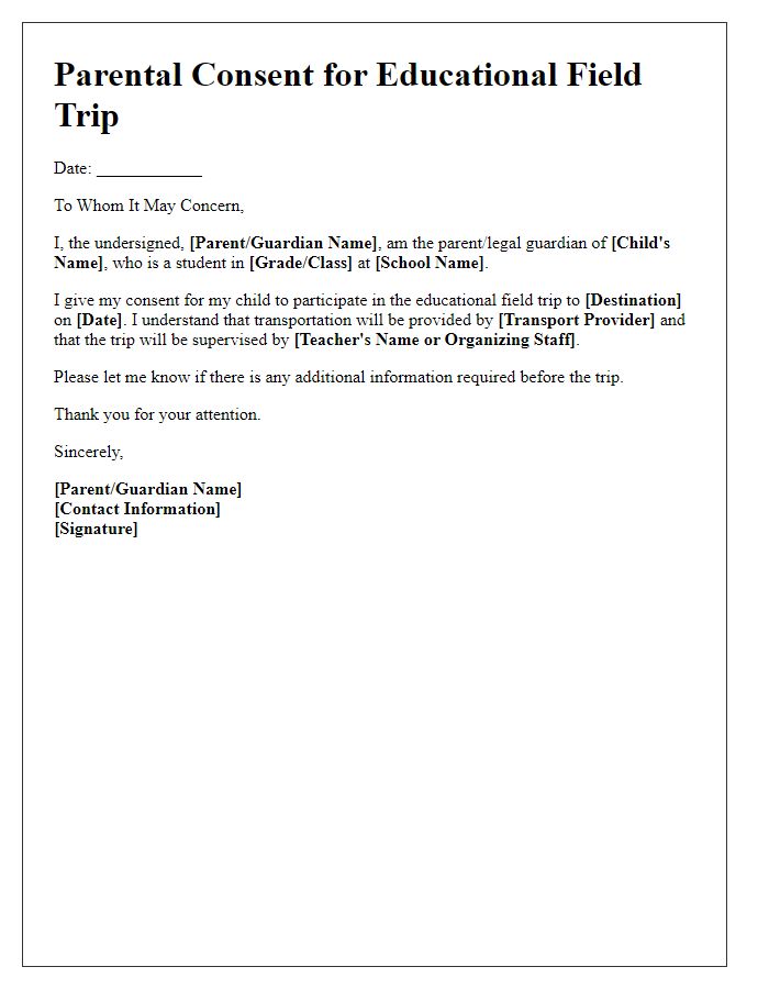 Letter template of parental consent for educational field trip participation