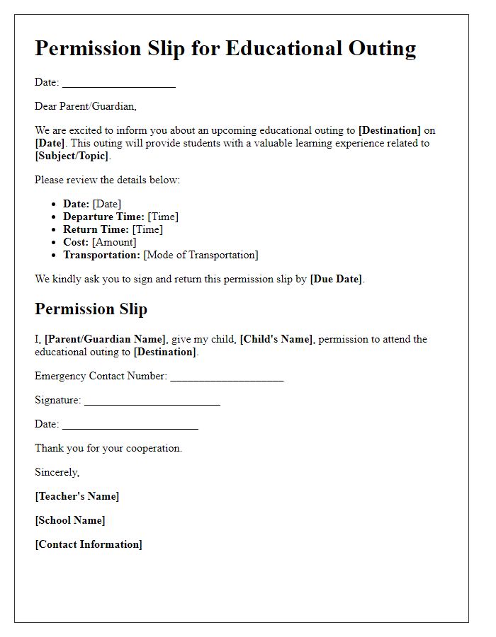 Letter template of permission slip for educational outing