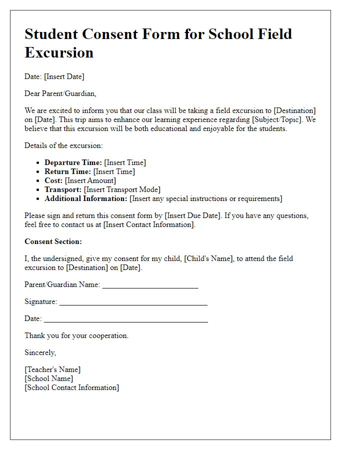 Letter template of student consent form for school field excursion