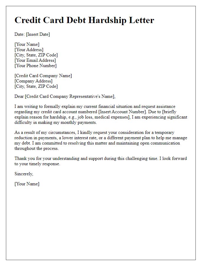 Letter template of credit card debt hardship letter