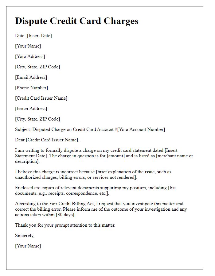 Letter template of disputing credit card charges