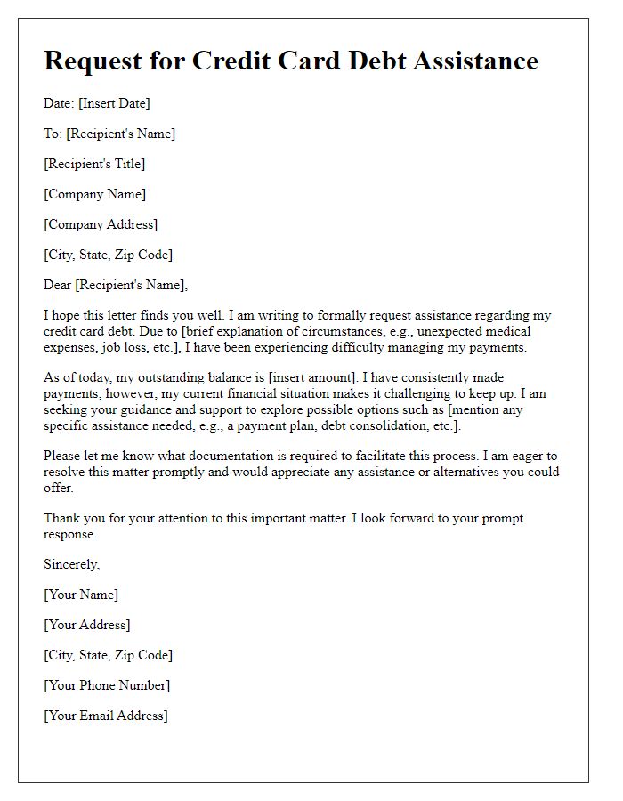 Letter template of formal request for credit card debt assistance