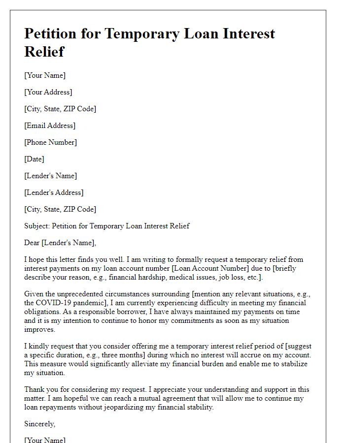 Letter template of petition for temporary loan interest relief