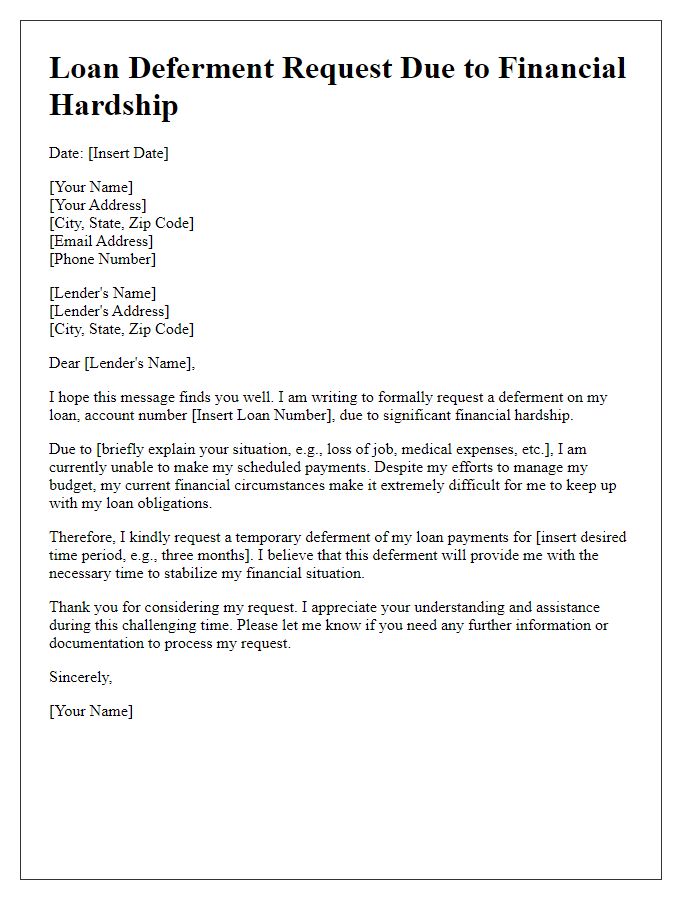 Letter template of loan deferment request for financial hardship.