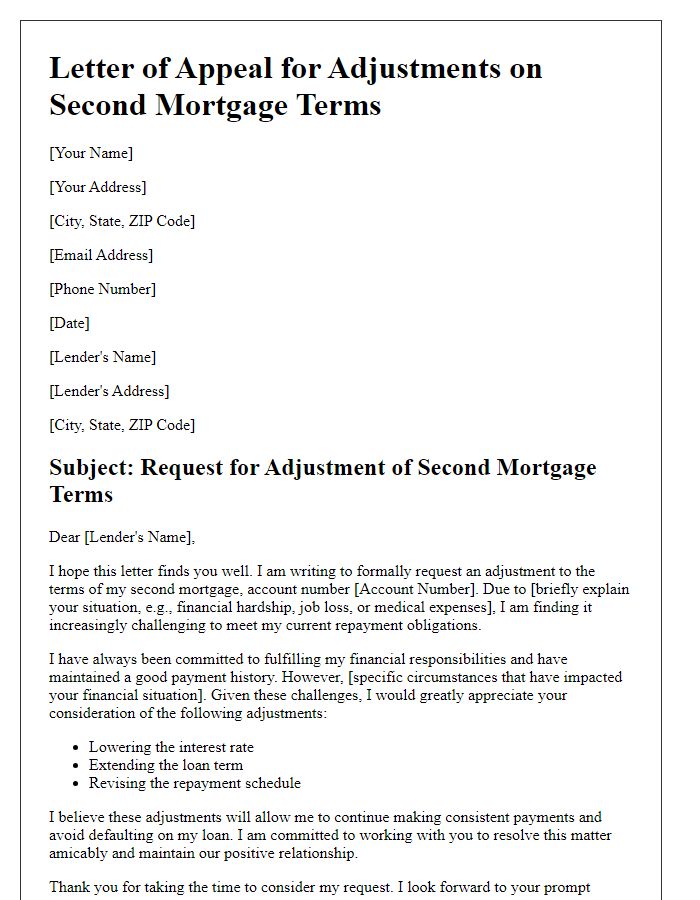 Letter template of appeal for adjustments on second mortgage terms