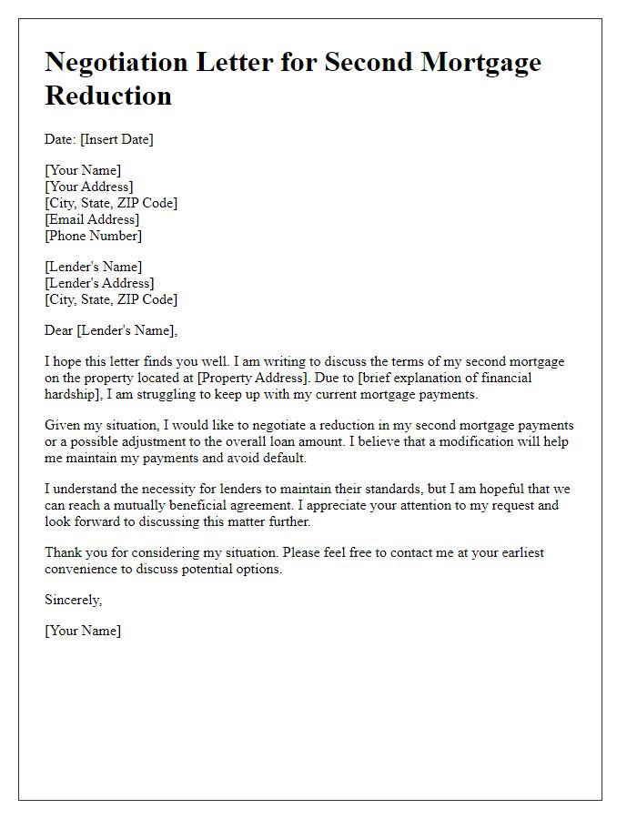 Letter template of negotiation for second mortgage reduction