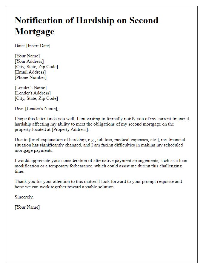 Letter template of notification for second mortgage hardship