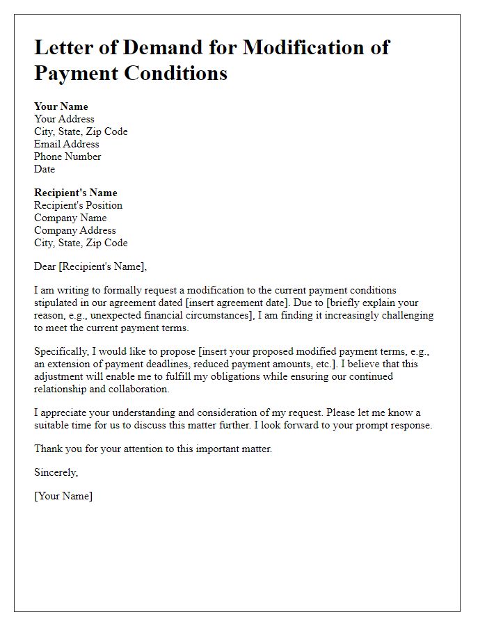 Letter template of demand for modification of payment conditions