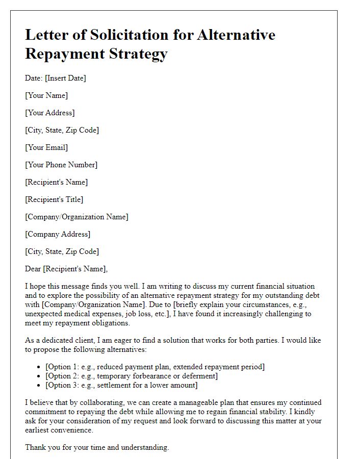 Letter template of solicitation for alternative repayment strategy