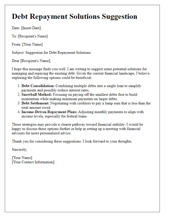 Letter template of suggestion for different debt repayment solutions