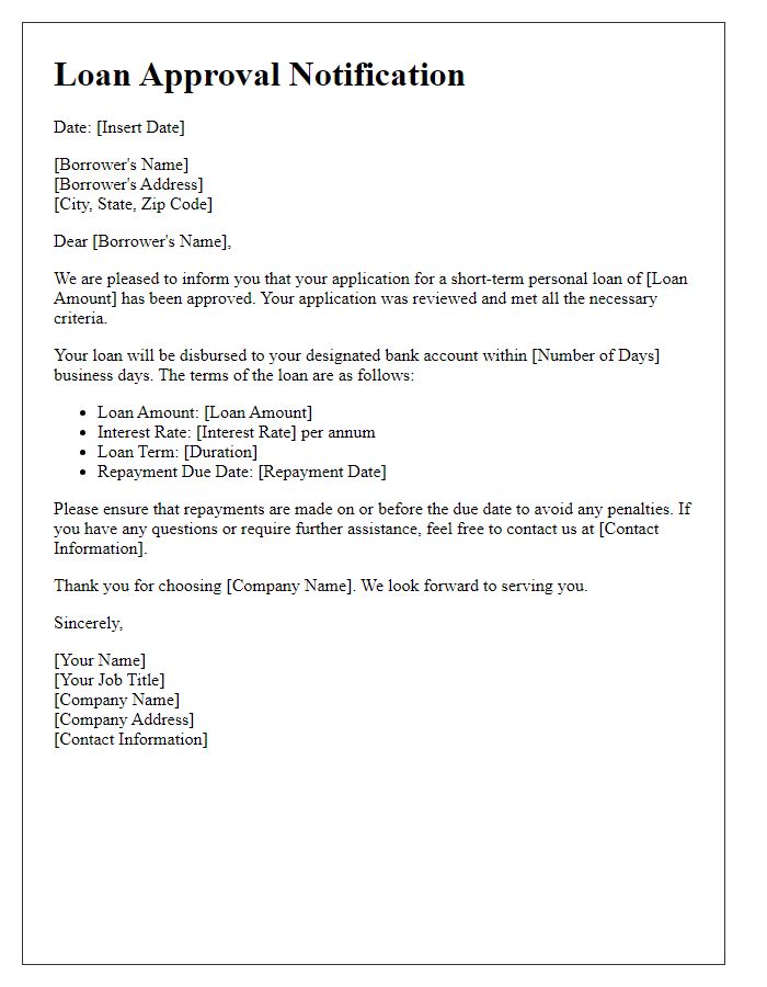 Letter template of short-term loan approval for personal use