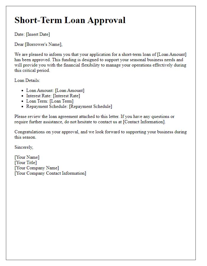 Letter template of short-term loan approval for seasonal business needs