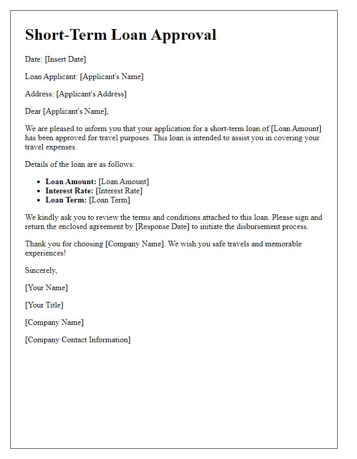 Letter template of short-term loan approval for travel purposes