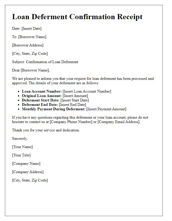 Letter template of military loan deferment confirmation receipt.