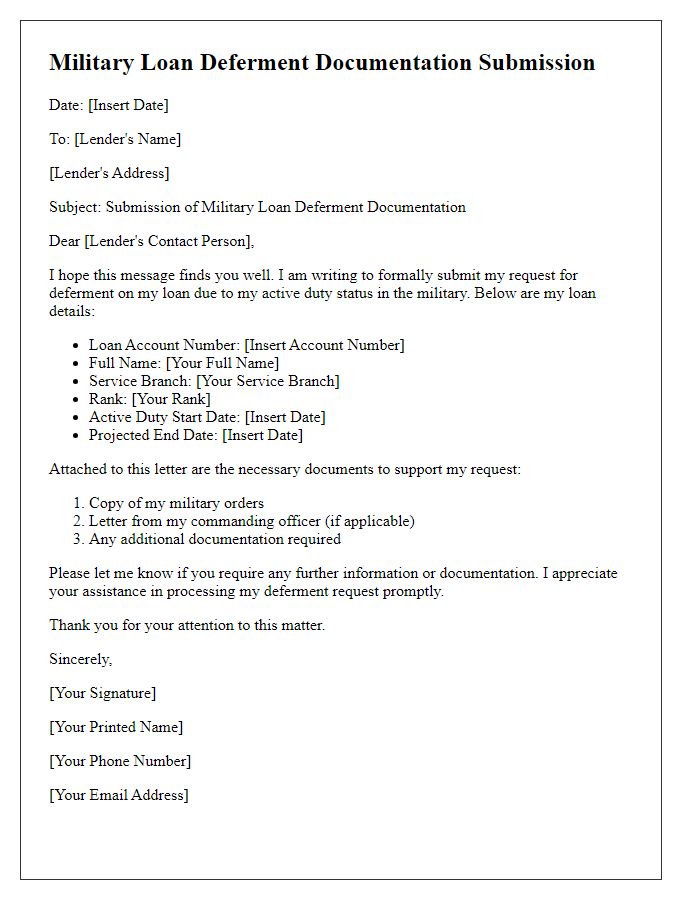 Letter template of military loan deferment documentation submission.