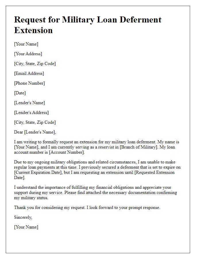 Letter template of military loan deferment extension request for reservists.