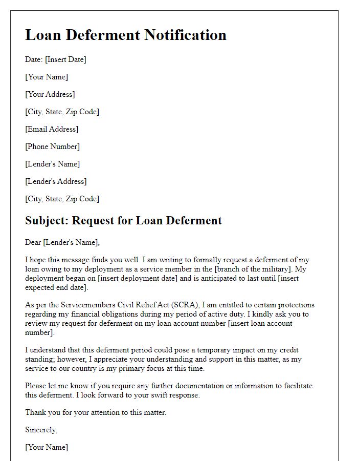 Letter template of military loan deferment notification for deployed service members.