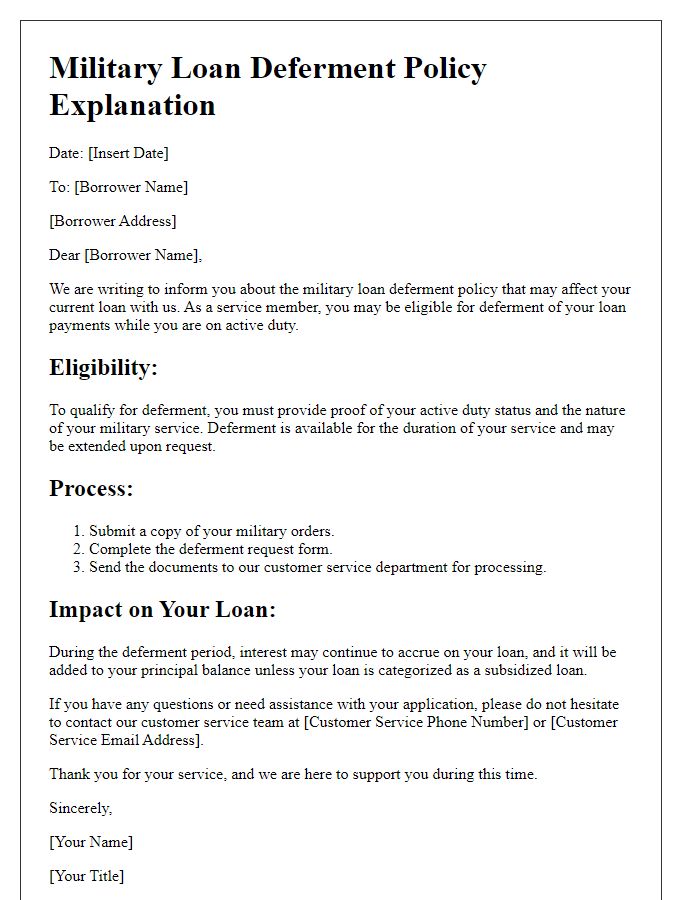 Letter template of military loan deferment policy explanation.