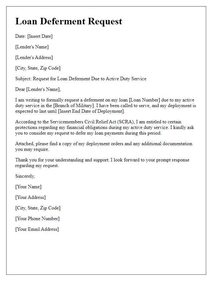 Letter template of military loan deferment request for active duty service.