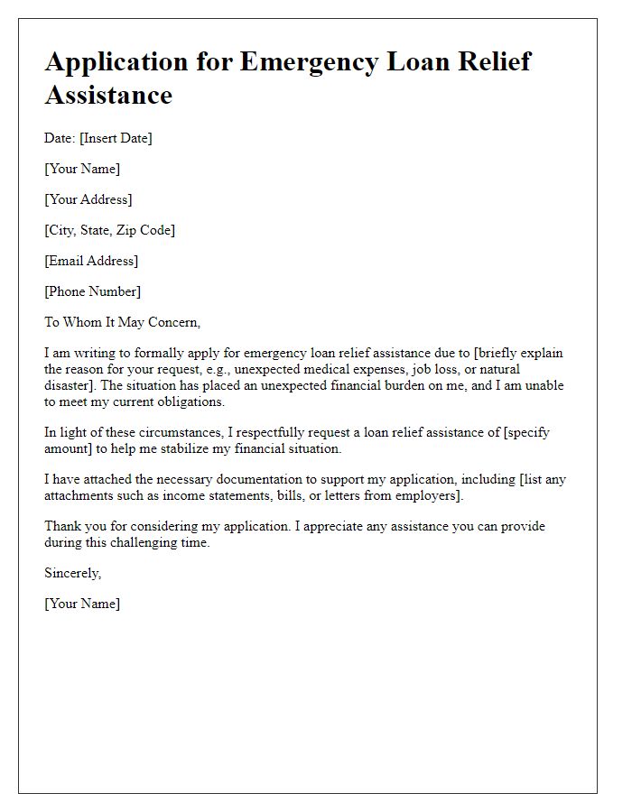 Letter template of application for emergency loan relief assistance