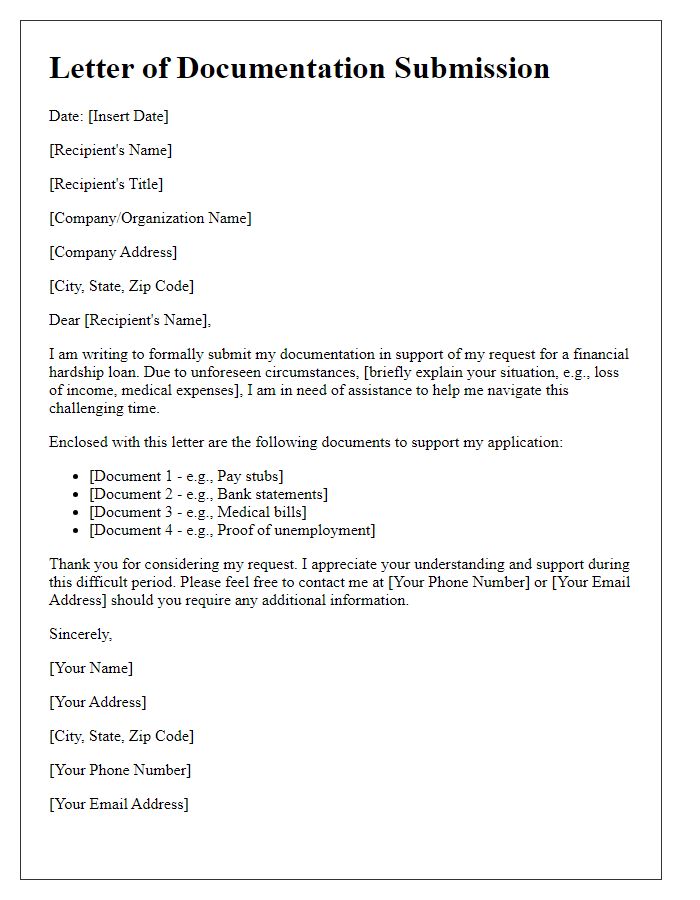 Letter template of documentation submission for financial hardship loan request