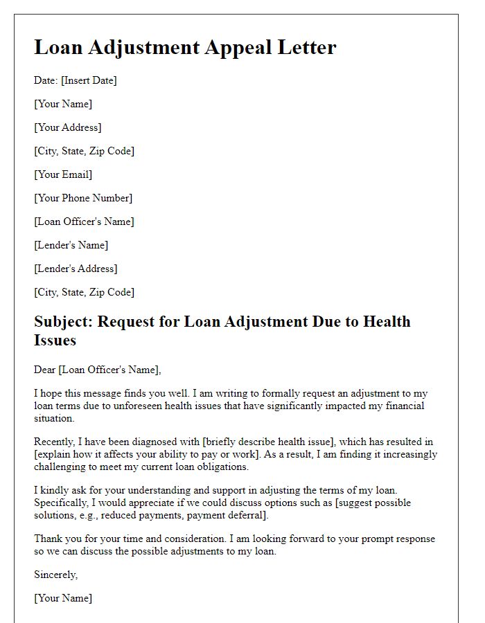 Letter template of appeal for loan adjustment related to health issues.