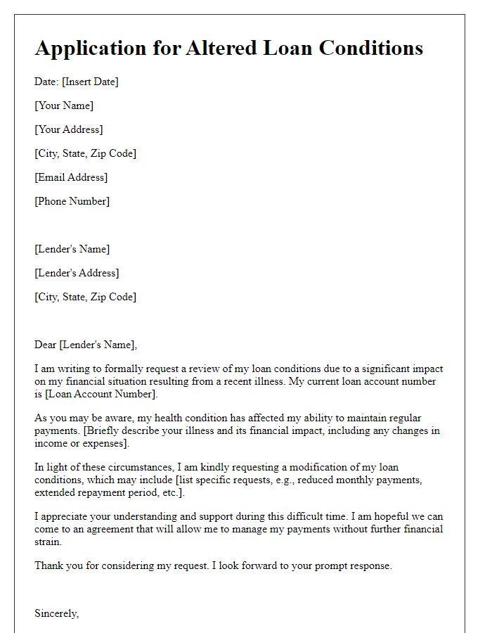 Letter template of application for altered loan conditions based on illness impact.