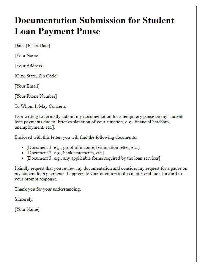 Letter template of documentation submission for student loan payment pause.