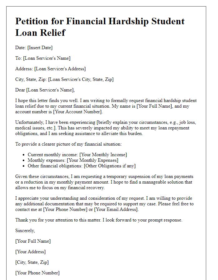 Letter template of petition for financial hardship student loan relief.