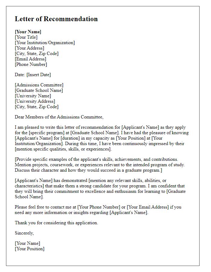 Letter template of recommendation for graduate school admission