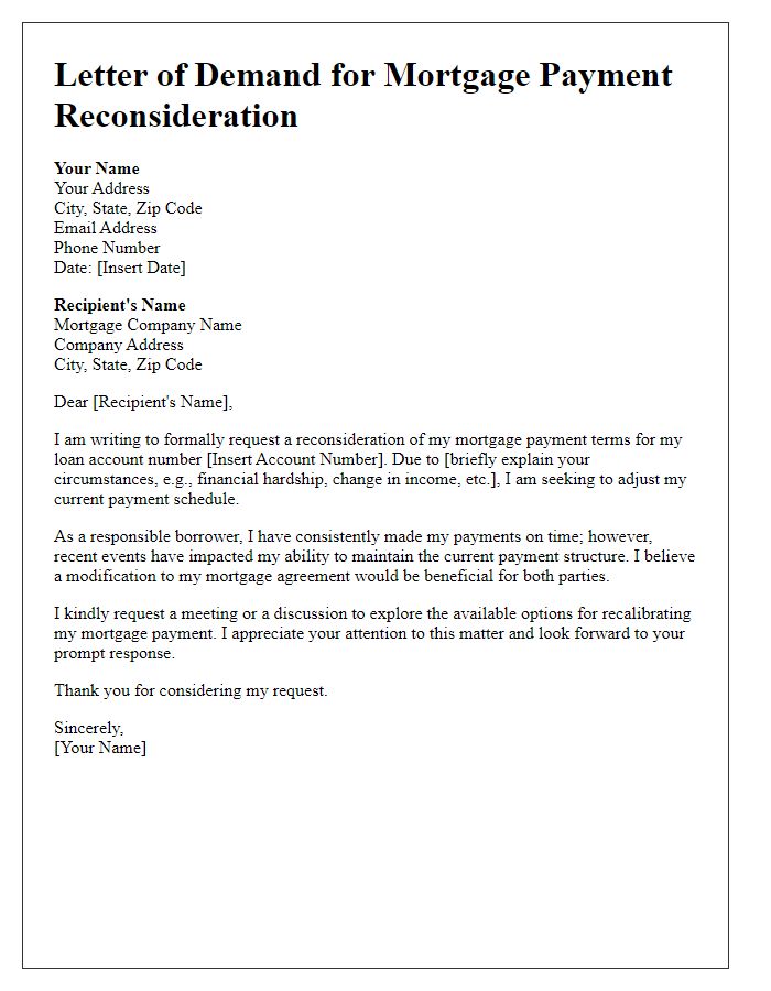 Letter template of demand for mortgage payment reconsideration