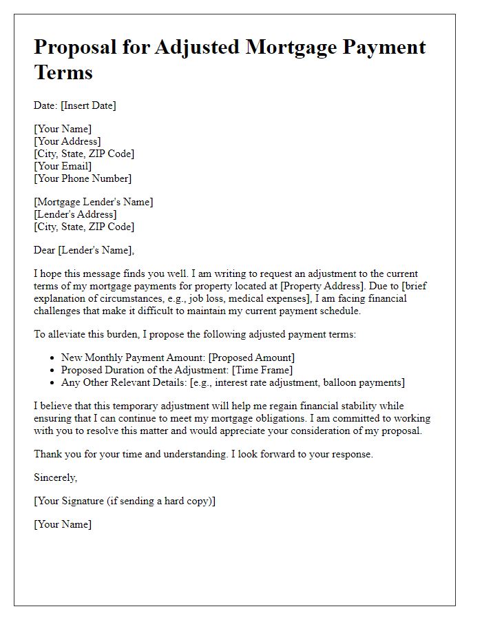 Letter template of proposal for adjusted mortgage payment terms