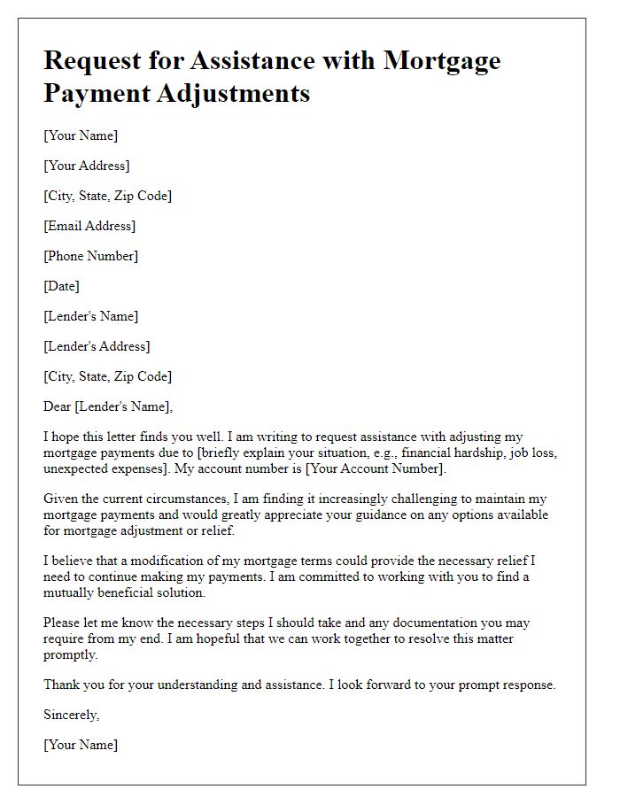 Letter template of request for assistance with mortgage payment adjustments