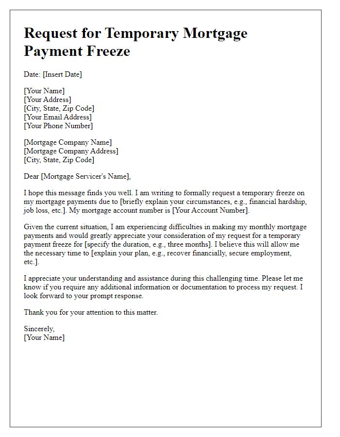 Letter template of solicitation for a temporary mortgage payment freeze