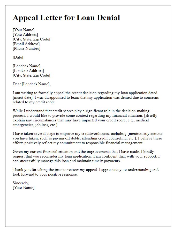 Letter template of appeal addressing credit score concerns in loan denial.