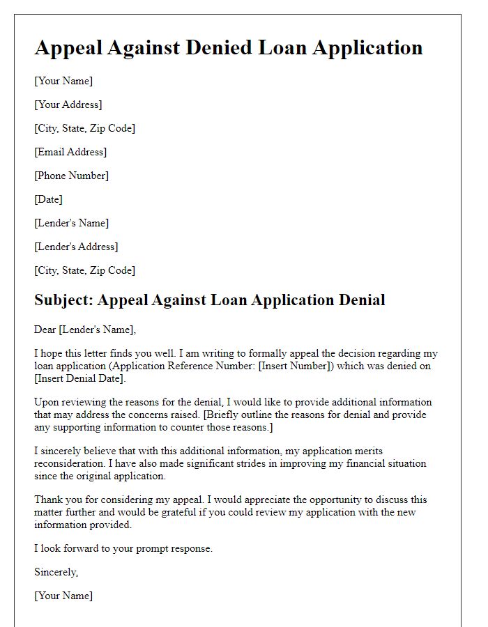 Letter template of formal appeal regarding denied loan application.