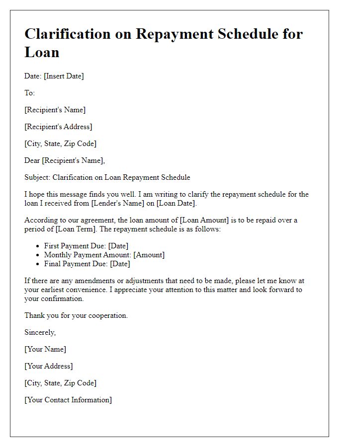 Letter template of clarification on repayment schedule for loan