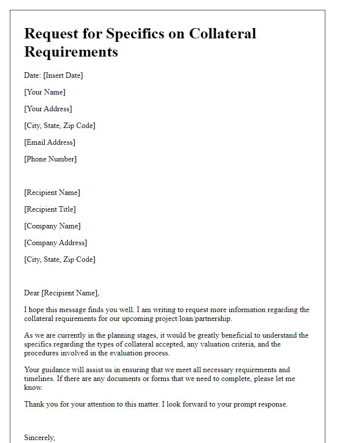 Letter template of request for specifics on collateral requirements