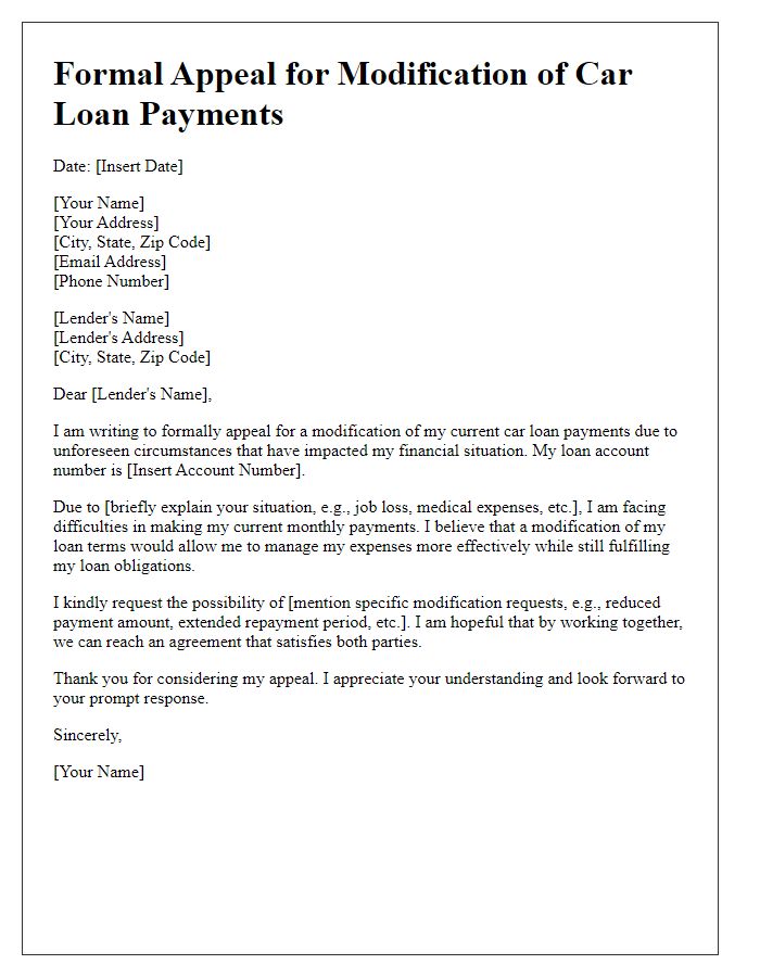 Letter template of formal appeal for modifying car loan payments.